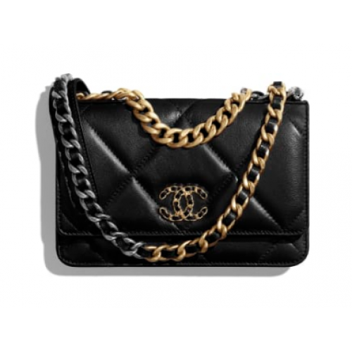 Chanel 19 Classic Sheepskin Leather Chain Wallet AP0957 black Gold-Tone Metal