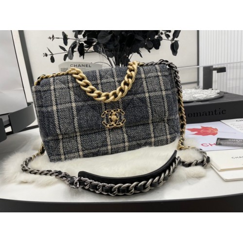 CHANEL 19 Flap Bag Wool Tweed gold-Finish Metal AS1161 gray