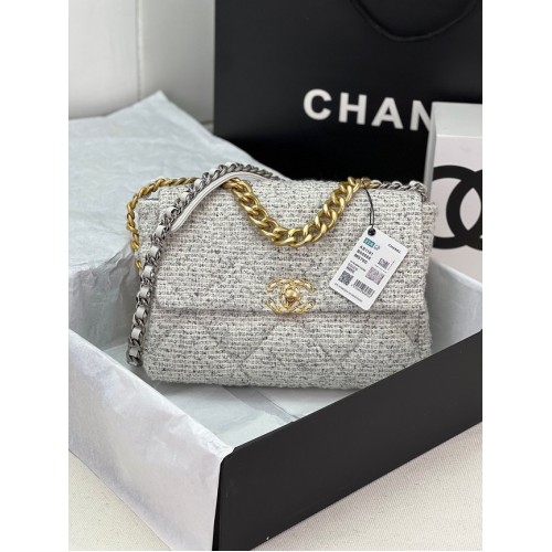 CHANEL 19 HANDBAG Cotton Tweed AS1161 white