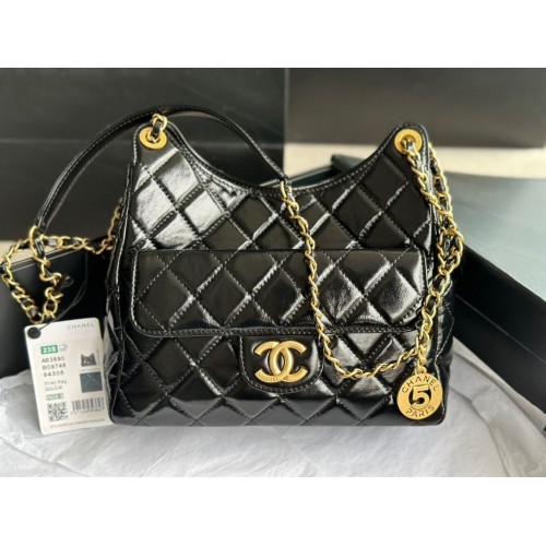 CHANEL 2023 HANDBAG Shiny Calfskin AS3609 Black gold-Tone Metal