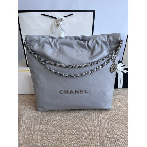 CHANEL 22 HANDBAG Calfskin Silver-Tone Metal AS3261 gray