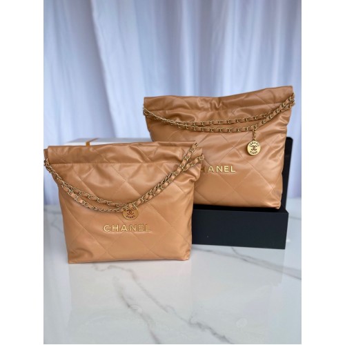 CHANEL 22 HANDBAG Shiny Calfskin Gold-Tone Metal AS3261 AS3260 Brown
