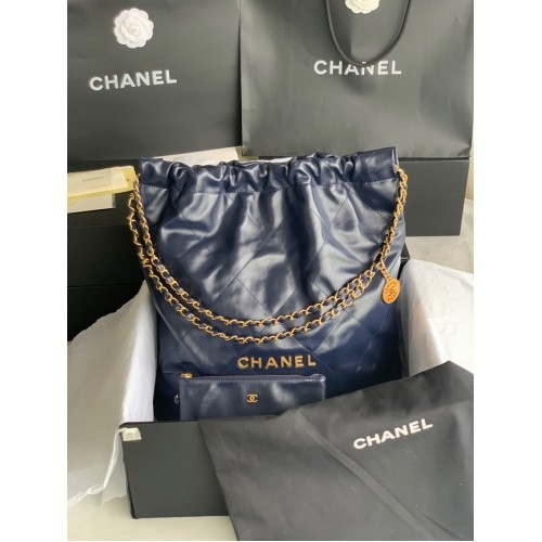 CHANEL 22 HANDBAG Shiny Calfskin Gold-Tone Metal AS3262 dark blue