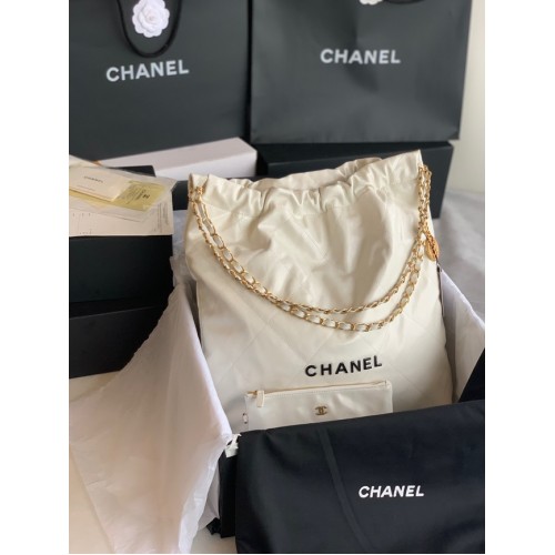 CHANEL 22 HANDBAG Shiny Calfskin Gold-Tone Metal AS3262 white&black
