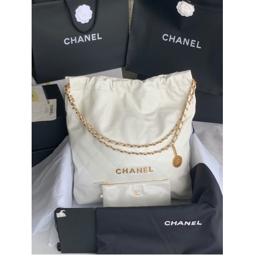 CHANEL 22 HANDBAG Shiny Calfskin Gold-Tone Metal AS3262 white&gold
