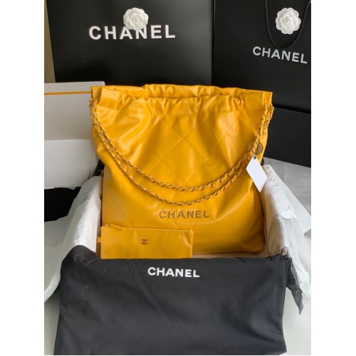 CHANEL 22 HANDBAG Shiny Calfskin Gold-Tone Metal AS3262 yellow