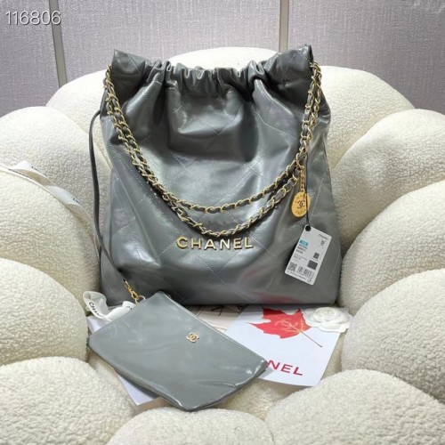 CHANEL 22 HANDBAG Shiny Calfskin gold-Tone Metal AS3262 gray