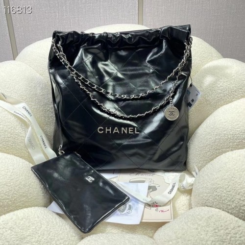CHANEL 22 HANDBAG Shiny Calfskin silver-Tone Metal AS3262 black