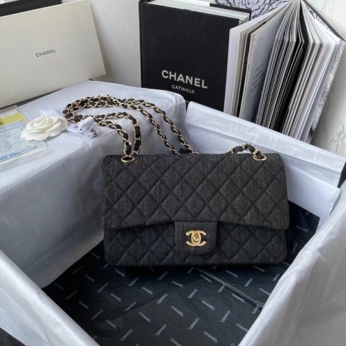 CHANEL CLASSIC HANDBAG Printed Denim Gold-Tone Metal 1112 BLACK
