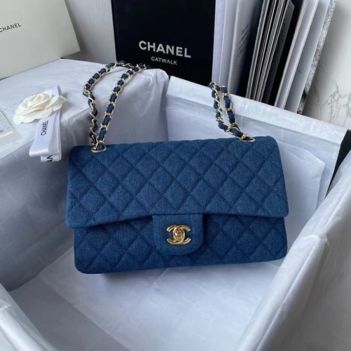 CHANEL CLASSIC HANDBAG Printed Denim Gold-Tone Metal 1112 BLUE