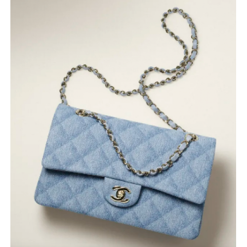 CHANEL CLASSIC HANDBAG Printed Denim Gold-Tone Metal 1112 Light Blue