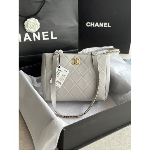 CHANEL Calfskin Gold-Tone Metal AS3508 light gray