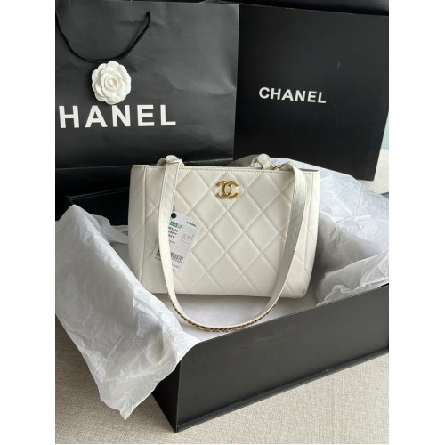 CHANEL Calfskin Gold-Tone Metal AS3508 white