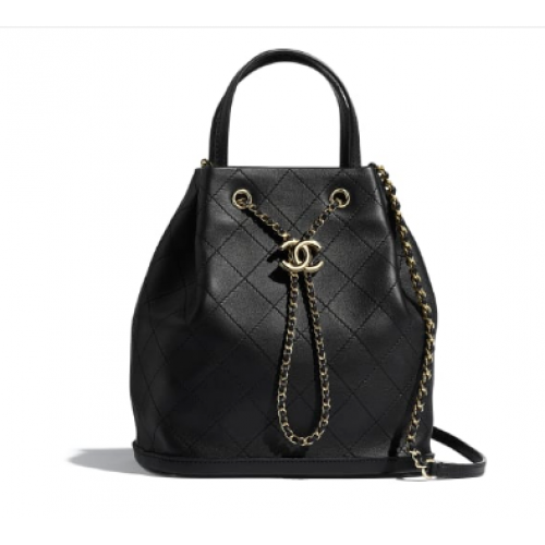 CHANEL Calfskin drawstring bag Gold-Tone Metal AS1099 black