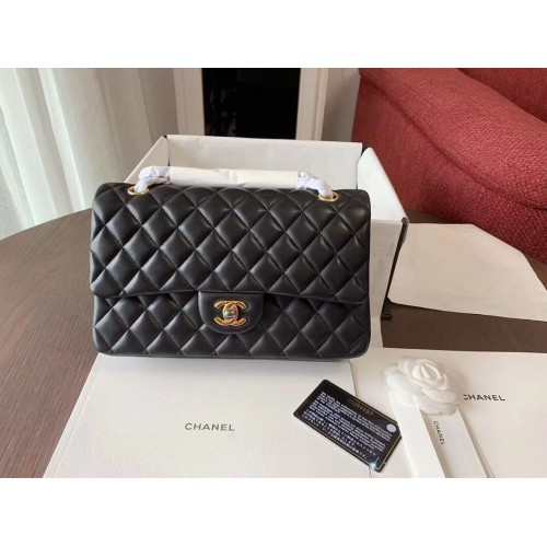 CHANEL Classic Handbag Lambskin Black 01112 gold-Tone Metal