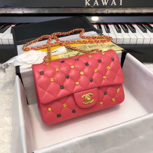 CHANEL Classic Handbag Lambskin Gold-Tone Ruthenium-Finish Metal A01116 red