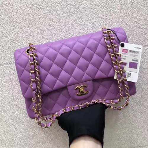 CHANEL Classic Handbag Lambskin purple 1112 gold-Tone Metal