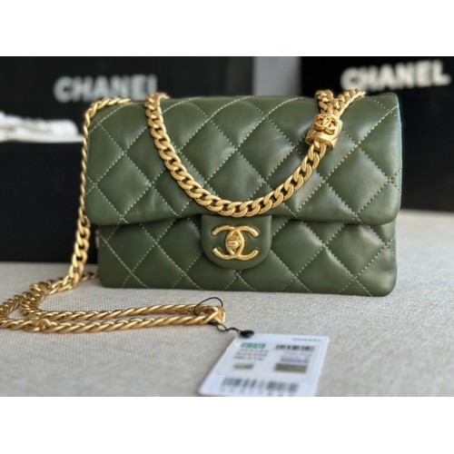 CHANEL FLAP BAG Lambskin Gold-Tone Metal AS3393 green