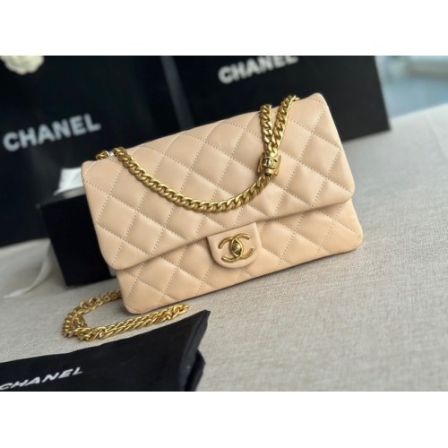 CHANEL FLAP BAG Lambskin Gold-Tone Metal AS3609 apricot