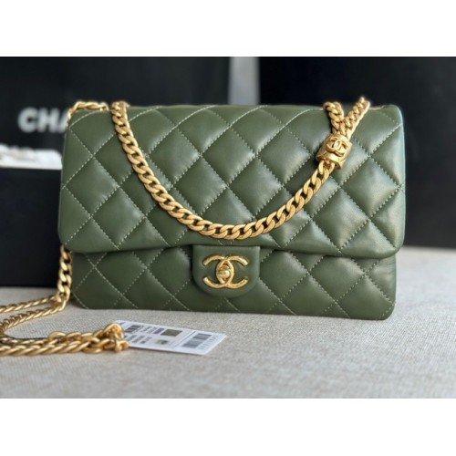 CHANEL FLAP BAG Lambskin Gold-Tone Metal AS3609 green