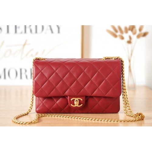 CHANEL FLAP BAG Lambskin Gold-Tone Metal AS3609 red