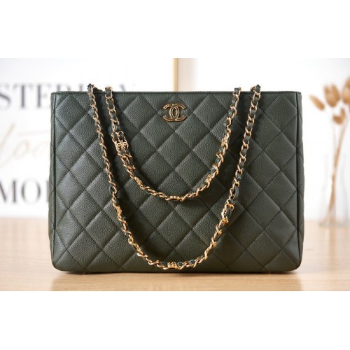 CHANEL Grained Calfskin Gold-Tone Metal SHOPPING BAG AS3583 blackish green
