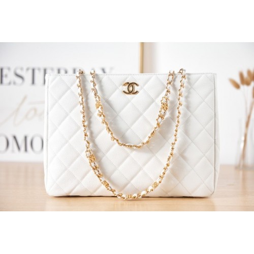 CHANEL Grained Calfskin Gold-Tone Metal SHOPPING BAG AS3583 white