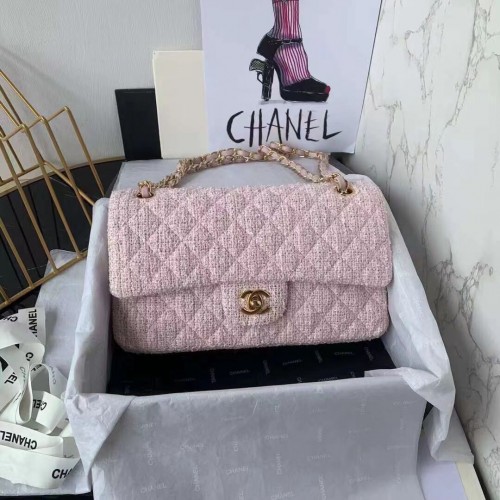 CHANEL MEDIUM Flap Bag Tweed Braided Calfskin Gold-Tone Metal 1112 pink