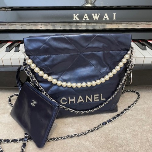 CHANEL MINI 22 HANDBAG  Metallic Calfskin Silver Metal AS3989 Royal blue