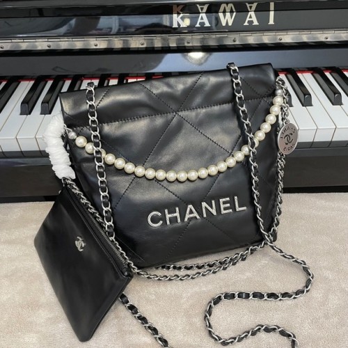 CHANEL MINI 22 HANDBAG Metallic Calfskin Silver Metal AS3989 black