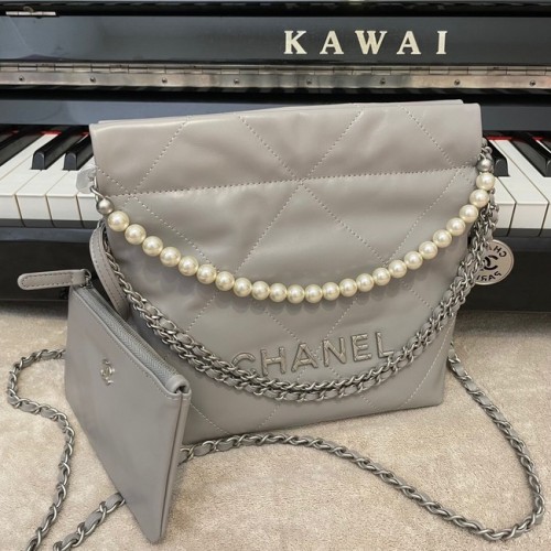 CHANEL MINI 22 HANDBAG Metallic Calfskin Silver Metal AS3989 gray