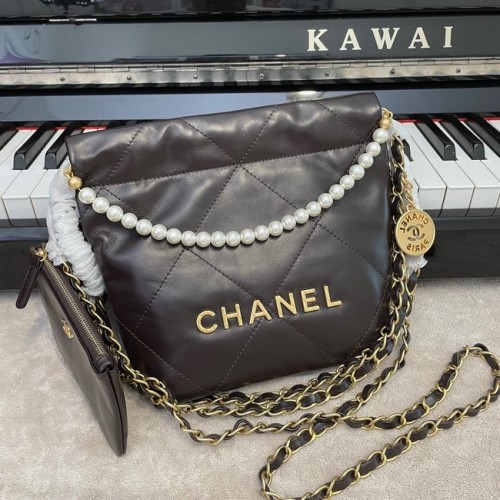 CHANEL MINI 22 HANDBAG Metallic Calfskin gold Metal AS3989 Coffee