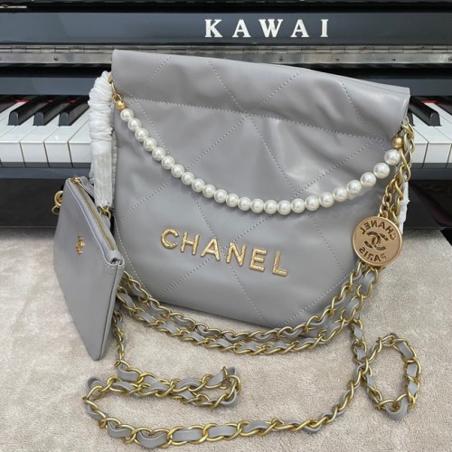 CHANEL MINI 22 HANDBAG Metallic Calfskin gold Metal AS3989 gray