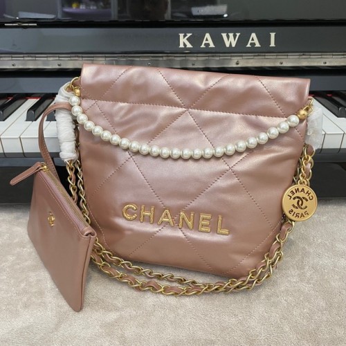 CHANEL MINI 22 HANDBAG Metallic Calfskin gold Metal AS3989 pink