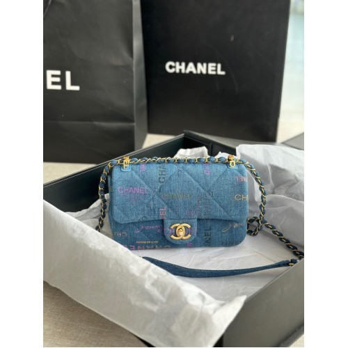 CHANEL Printed Denim Gold-Tone Metal AS3135 blue