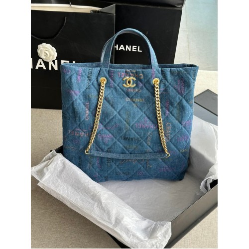 CHANEL Printed Denim Gold-Tone Metal AS3136 blue