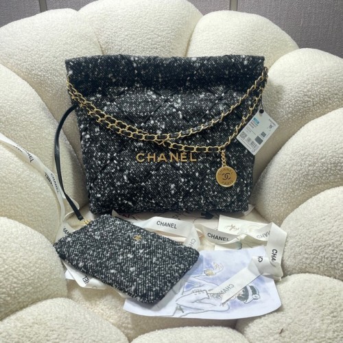 CHANEL SMALL 22 HANDBAG Tweed Gold-Tone Metal AS3260 BLACK
