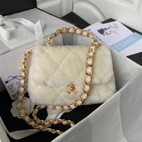 CHANEL SMALL FLAP BAG Gold-Tone Metal AS3499 white