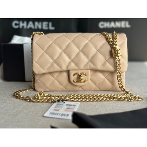 CHANEL SMALL FLAP BAG Lambskin Gold-Tone Metal AS3393 apricot