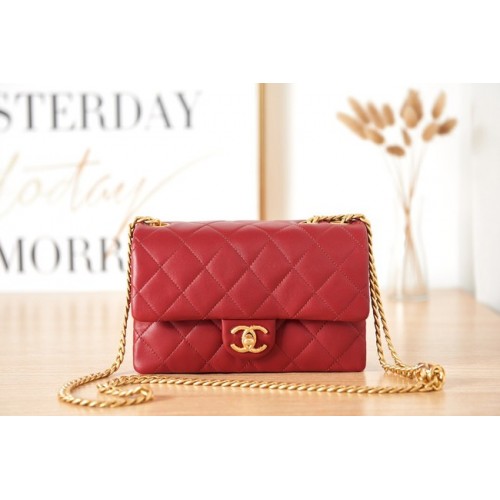 CHANEL SMALL FLAP BAG Lambskin Gold-Tone Metal AS3393 red