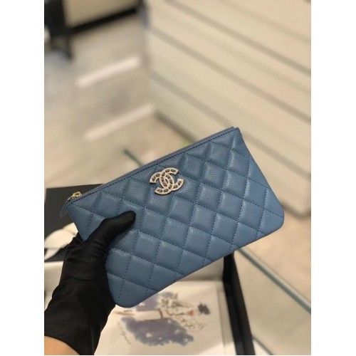 CHANEL SMALL POUCH Grained Calfskin Gold-Tone Metal AP2968 blue