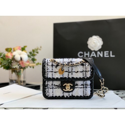 CHANEL Tweed Braided Calfskin Gold-Tone Metal AS6075 black