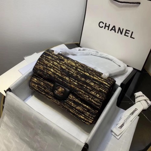 CHANEL Tweed Calfskin -Tone Gold-Tone Metal 1112 black