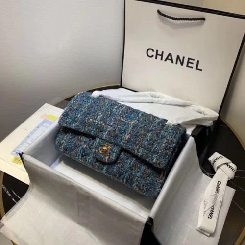 CHANEL Tweed Calfskin -Tone Gold-Tone Metal 1112 blue