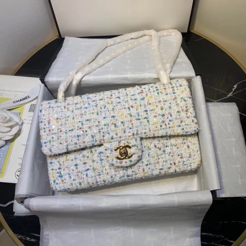 CHANEL Tweed Calfskin -Tone Gold-Tone Metal 1112 white