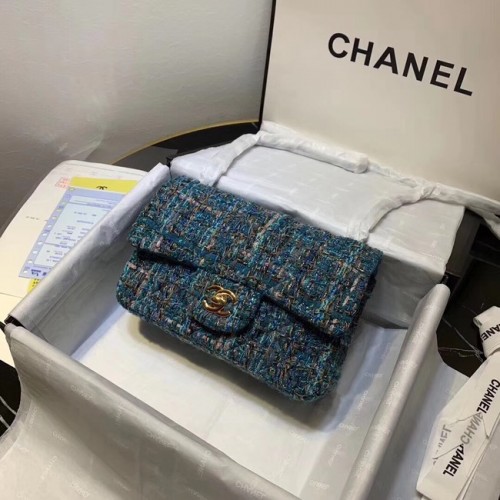 CHANEL Tweed Calfskin -Tone Gold-Tone Metal 1116 blue