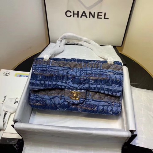CHANEL Tweed Calfskin -Tone Gold-Tone Metal AS1112 blue