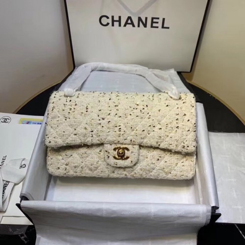 CHANEL Tweed Calfskin -Tone Gold-Tone Metal AS1112 white