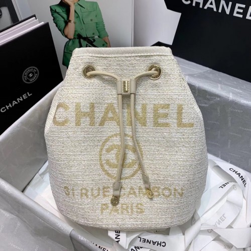 CHANEL Tweed Calfskin drawstring bag Gold-Tone Metal 60588 white