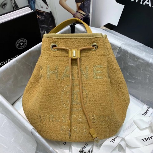 CHANEL Tweed Calfskin drawstring bag Gold-Tone Metal 60588 yellow
